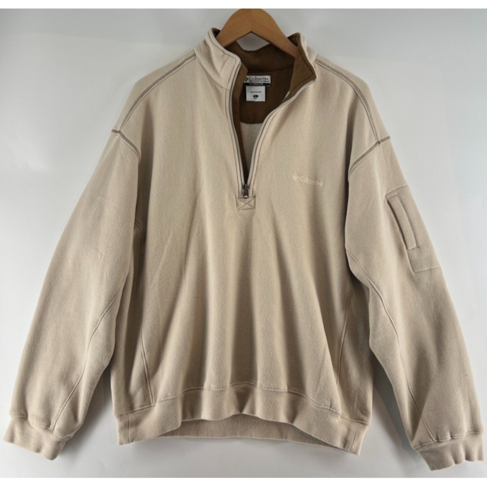 Vtg Y2K Columbia 1/4 Zip Pullover Sweatshirt Men L Cream Brown Fleece Lined